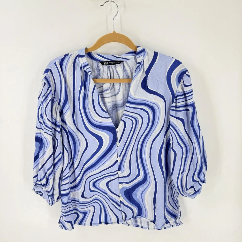 Zara Blue Swirl Print XS Linen Blend V-Neck Puff Sleeve Top Artsy Coastal